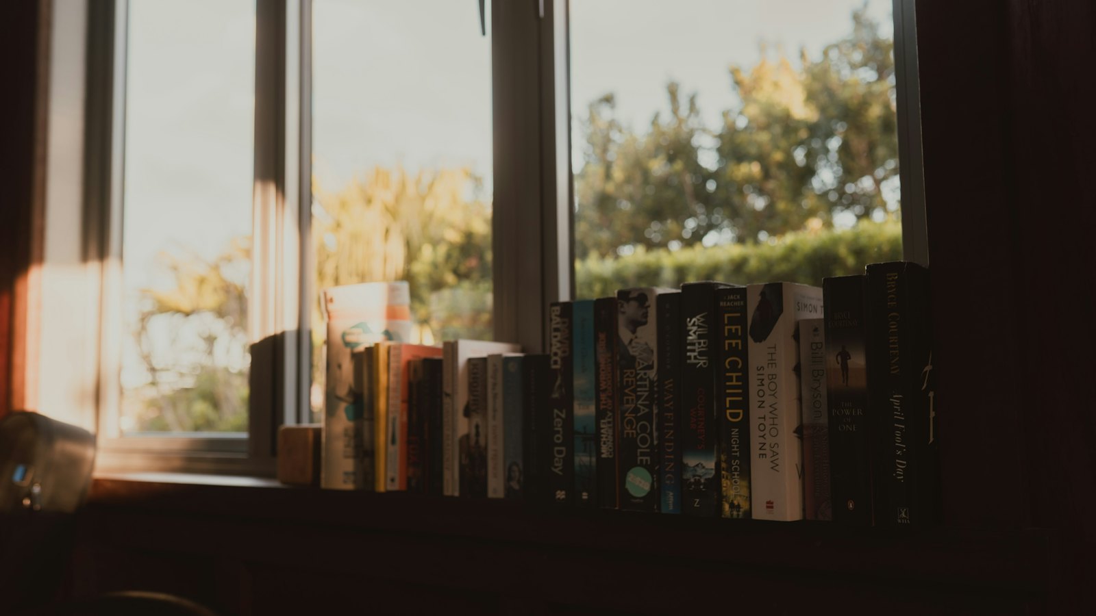 Wide view of books lined up on a windowsill bathed in warm sunlight