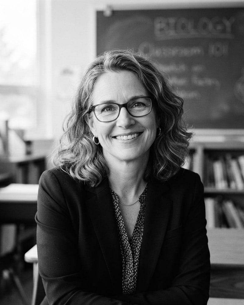 Black-and-white portrait of a smiling woman with glasses and shoulder-length curly hair, seated in a classroom